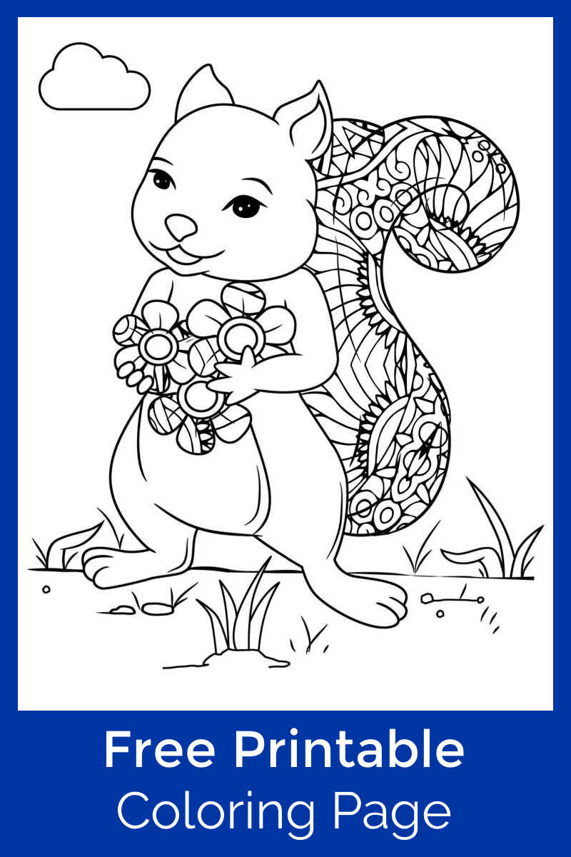 squirrel with flowers coloring page.