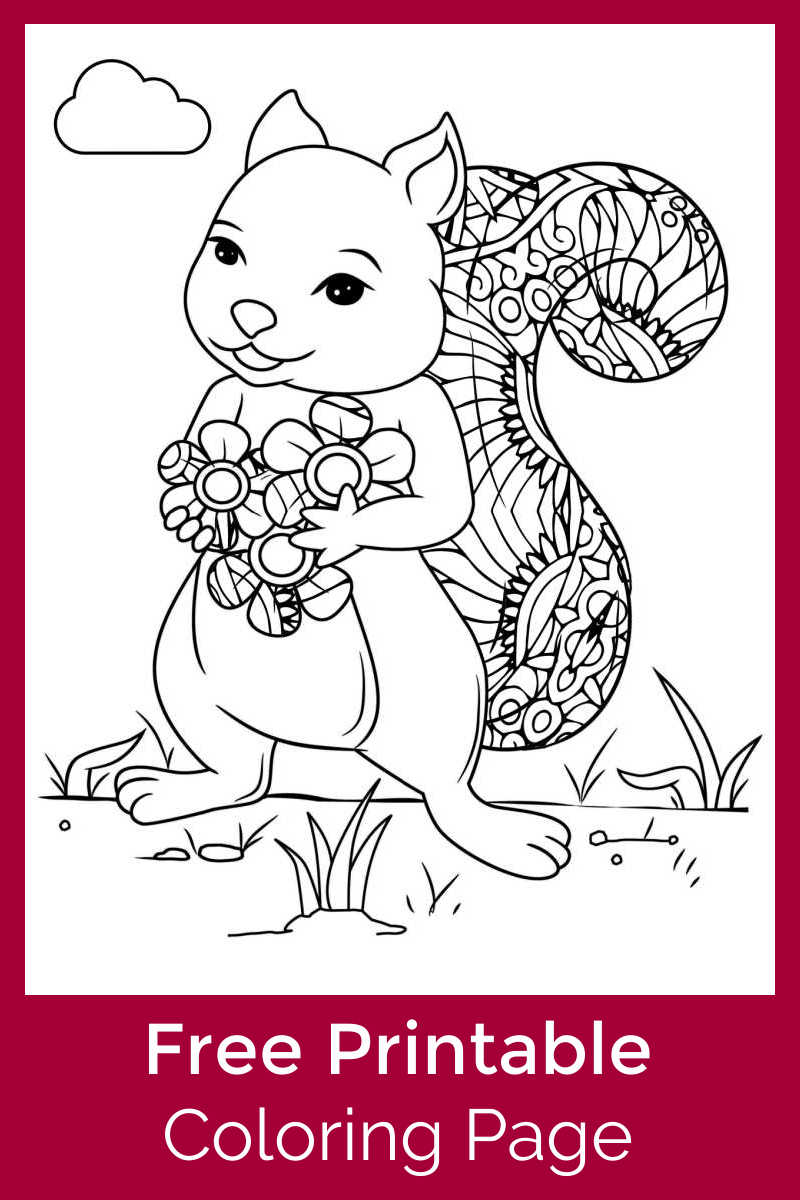You or your child can color an adorable picture, when you download this free printable squirrel with flowers coloring page. 