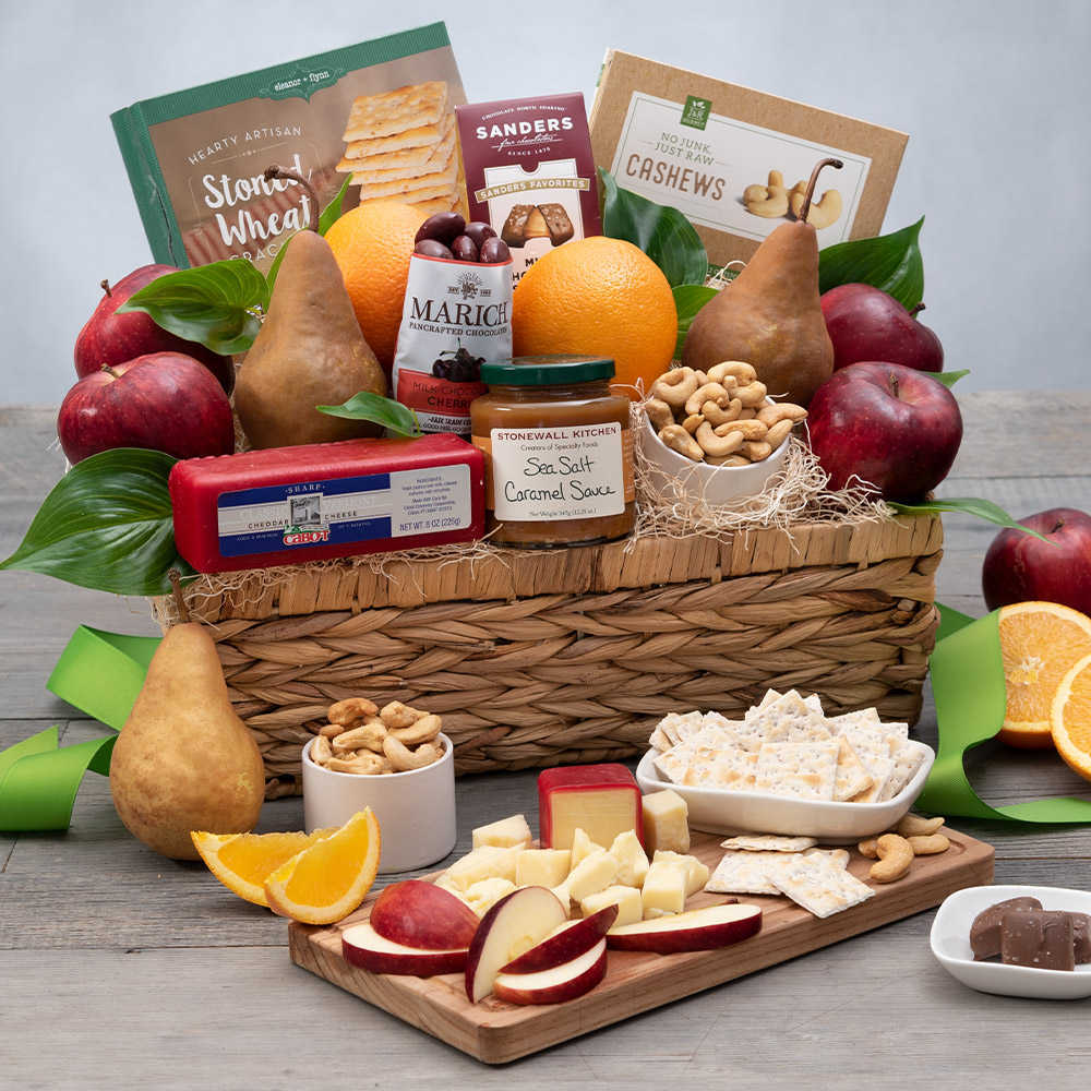 mothers day gift basket with fruit and snacks.