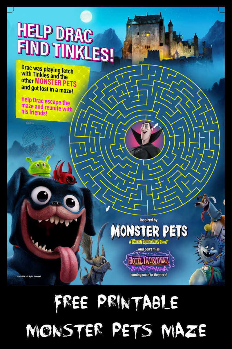 Your child can help Drac find Tinkles, when you download this fun and free Hotel Transylvania Monster Pets maze.