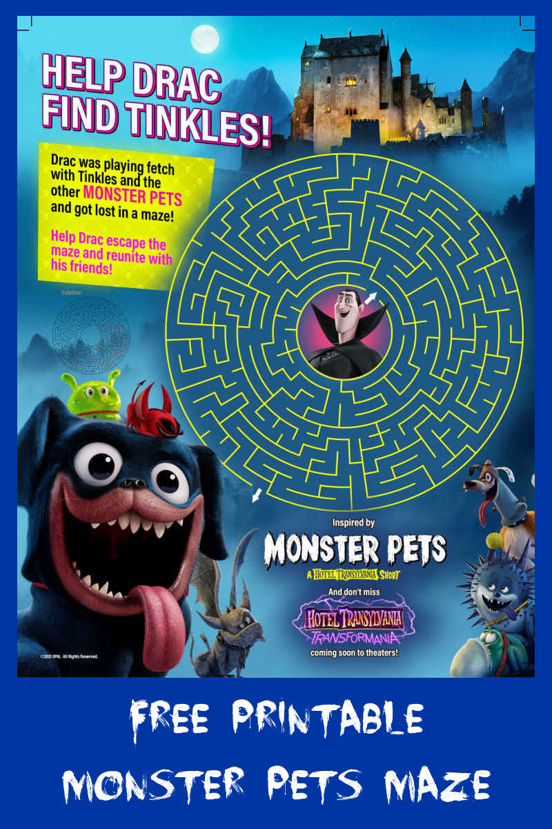 Your child can help Drac find Tinkles, when you download this fun and free Hotel Transylvania Monster Pets maze.