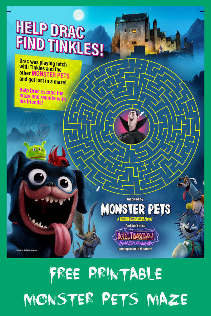 Your child can help Drac find Tinkles, when you download this fun and free Hotel Transylvania Monster Pets maze.