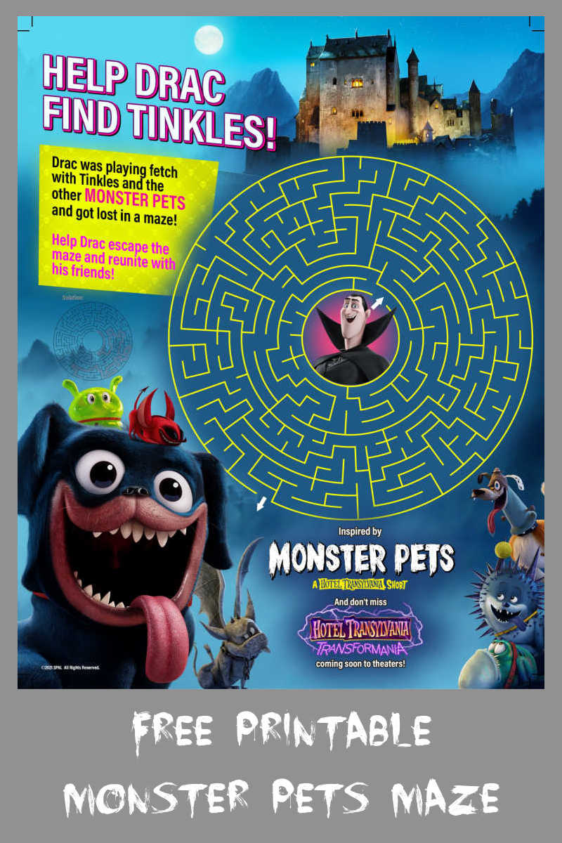 Your child can help Drac find Tinkles, when you download this fun and free Hotel Transylvania Monster Pets maze.