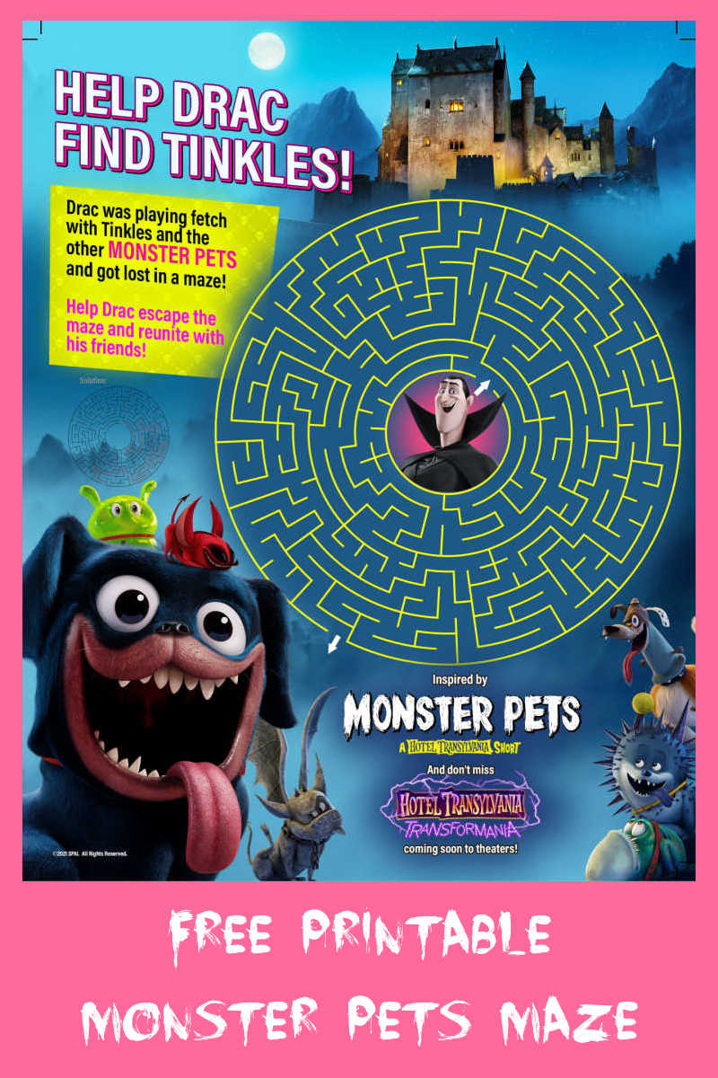 Your child can help Drac find Tinkles, when you download this fun and free Hotel Transylvania Monster Pets maze.