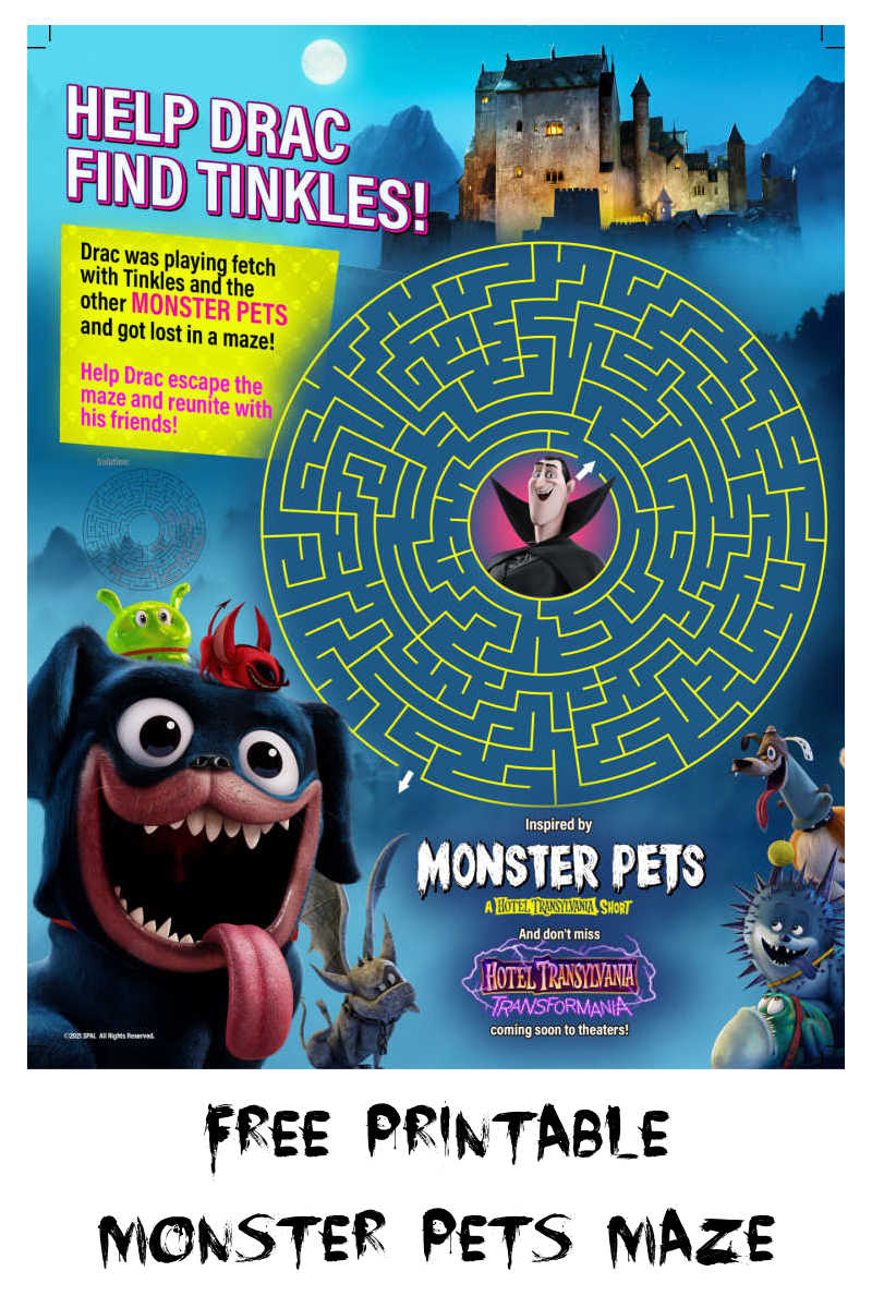 Your child can help Drac find Tinkles, when you download this fun and free Hotel Transylvania Monster Pets maze.