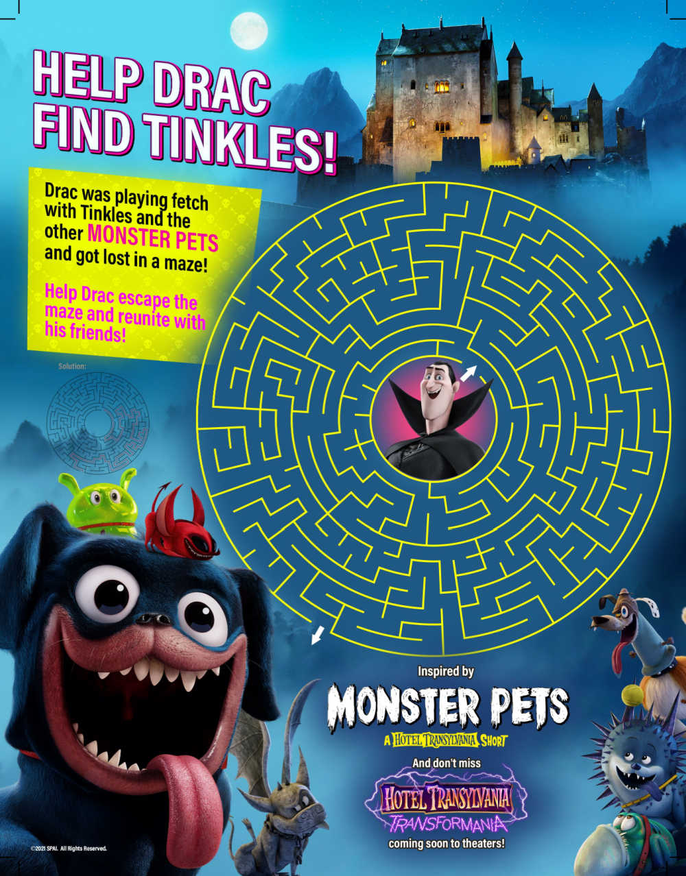 Your child can help Drac find Tinkles, when you download this fun and free Hotel Transylvania Monster Pets maze.