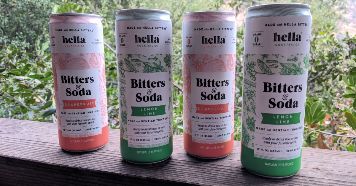 cans of hella bitters and soda.