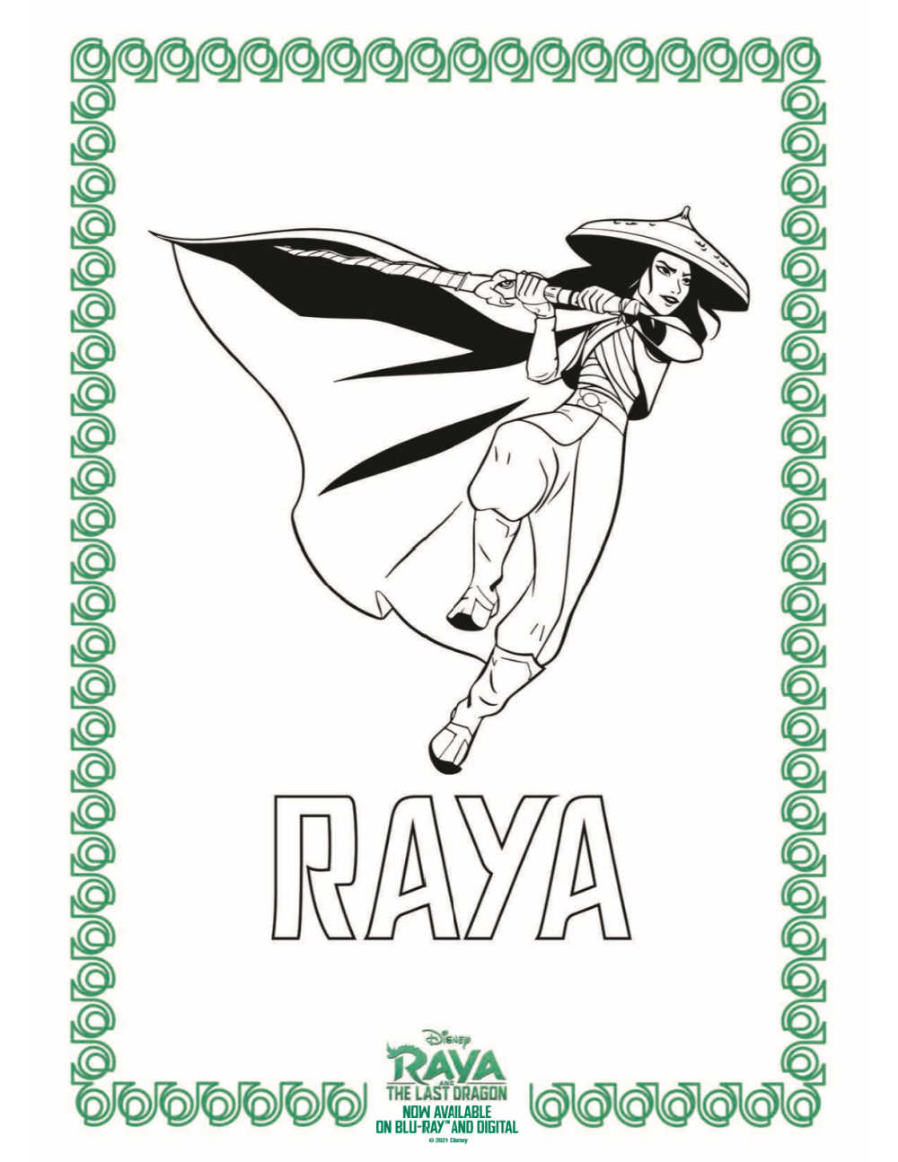 Download this free printable Raya coloring page, so your child can color this picture of Disney's brave star of Raya and The Last Dragon.