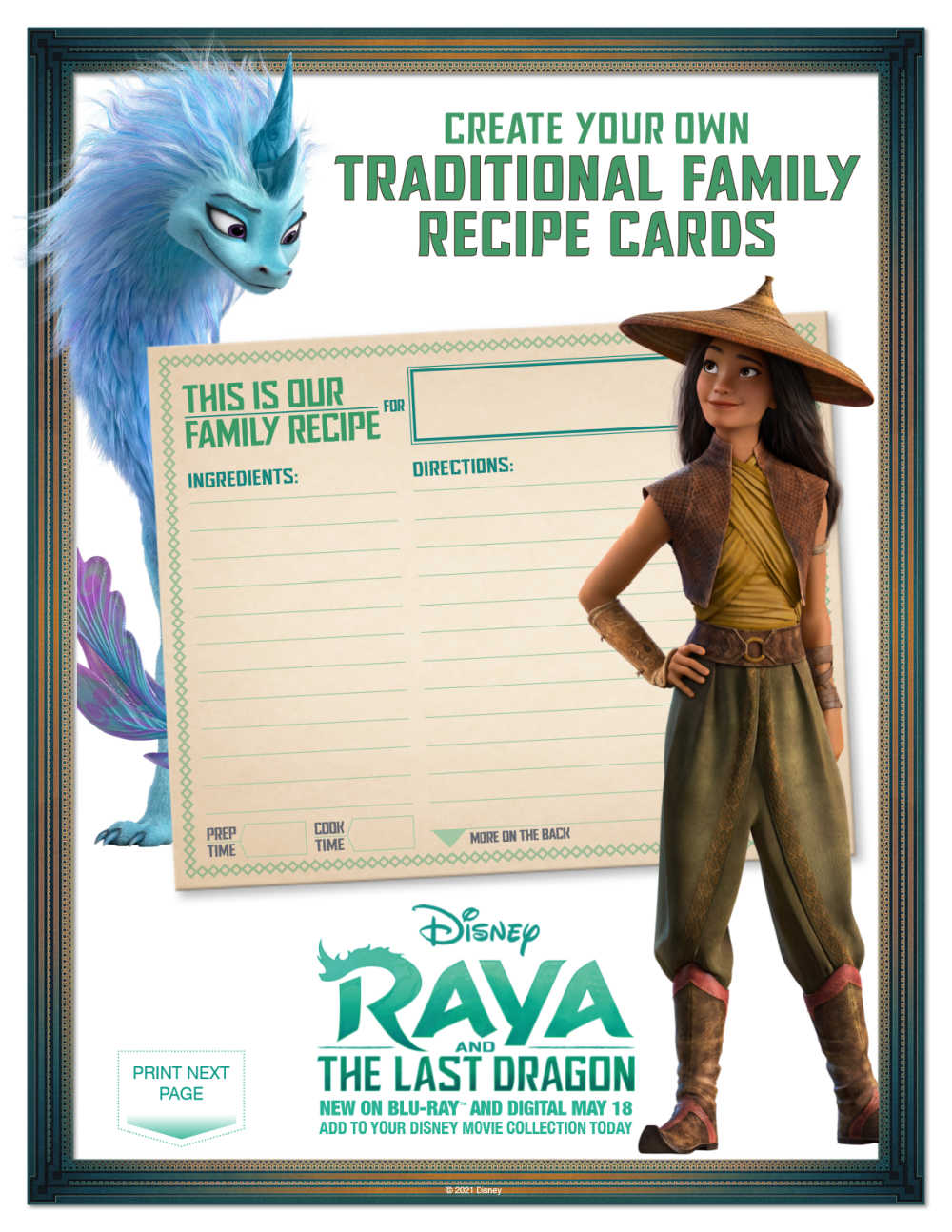 Use these free printable Raya recipe cards from Disney, so you can share favorite family recipes with your loved ones. 