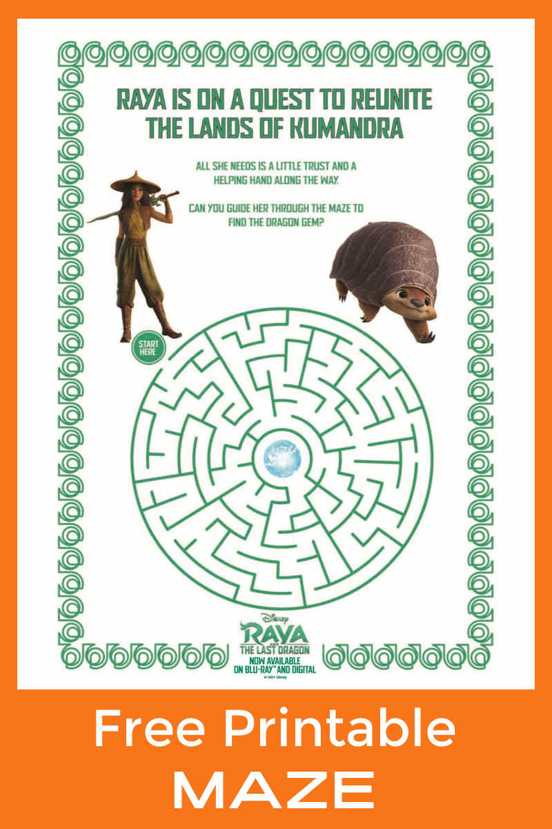 Your kids can have a fun Disney challenge, when you download the free Raya maze to print or use on your computer. 