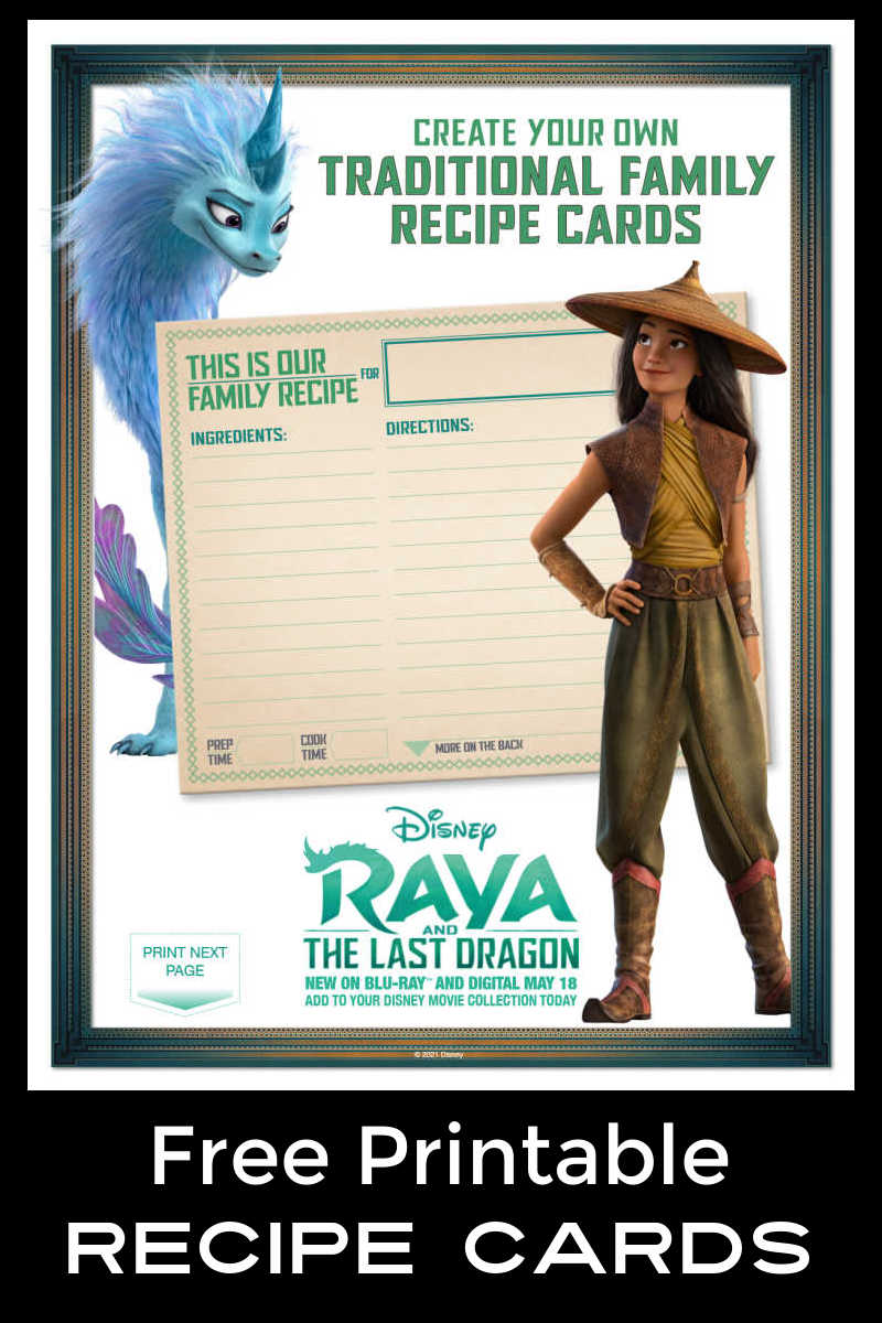 Use these free printable Raya recipe cards from Disney, so you can share favorite family recipes with your loved ones. 