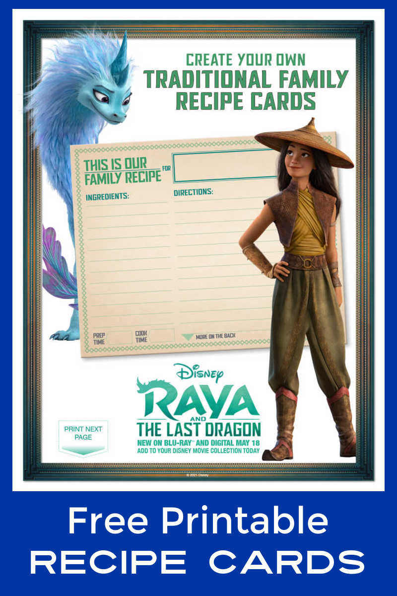 Use these free printable Raya recipe cards from Disney, so you can share favorite family recipes with your loved ones. 