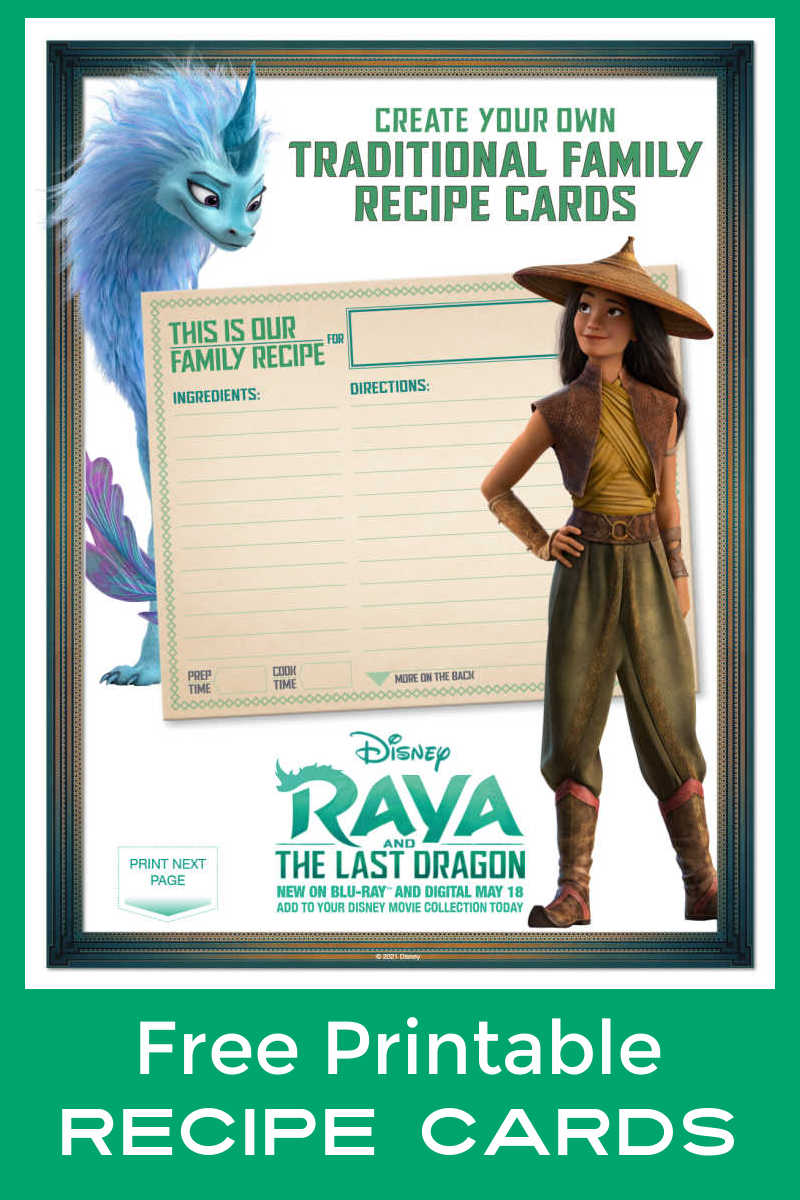 Use these free printable Raya recipe cards from Disney, so you can share favorite family recipes with your loved ones. 