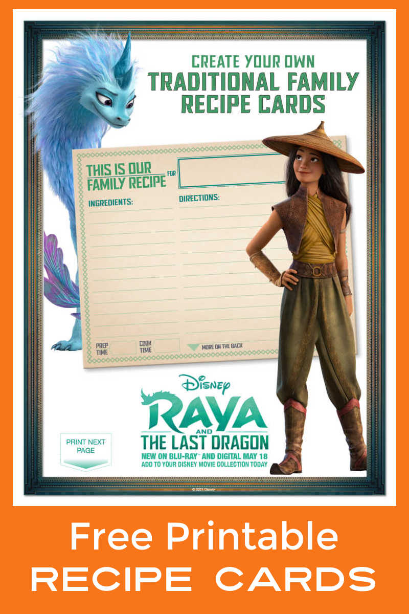 Use these free printable Raya recipe cards from Disney, so you can share favorite family recipes with your loved ones. 