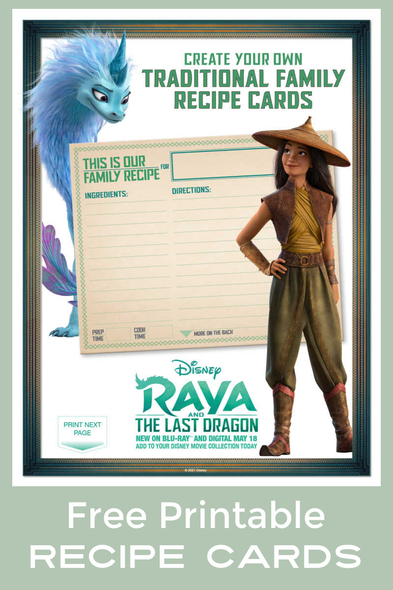 Use these free printable Raya recipe cards from Disney, so you can share favorite family recipes with your loved ones. 