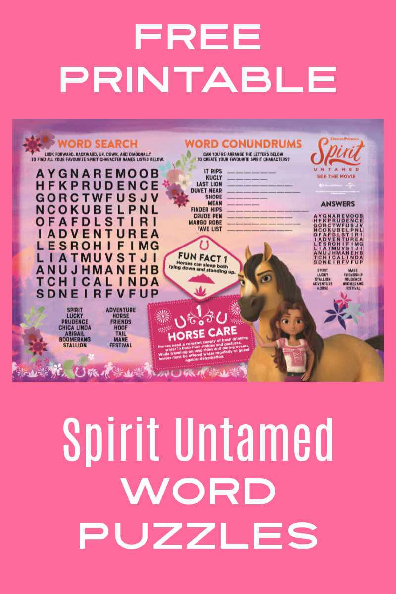 Your child can have a fun challenge, when you download the free printable Spirit Untamed word search and word conundrums activity page.