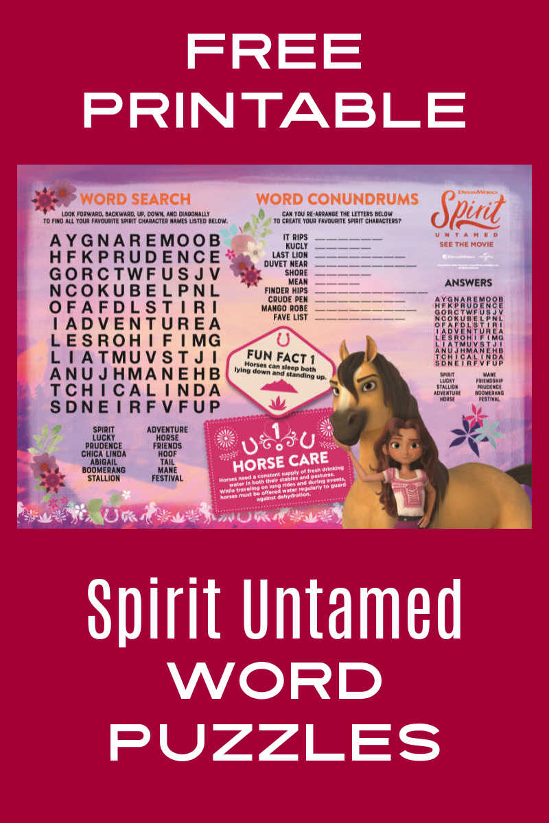 Your child can have a fun challenge, when you download the free printable Spirit Untamed word search and word conundrums activity page.