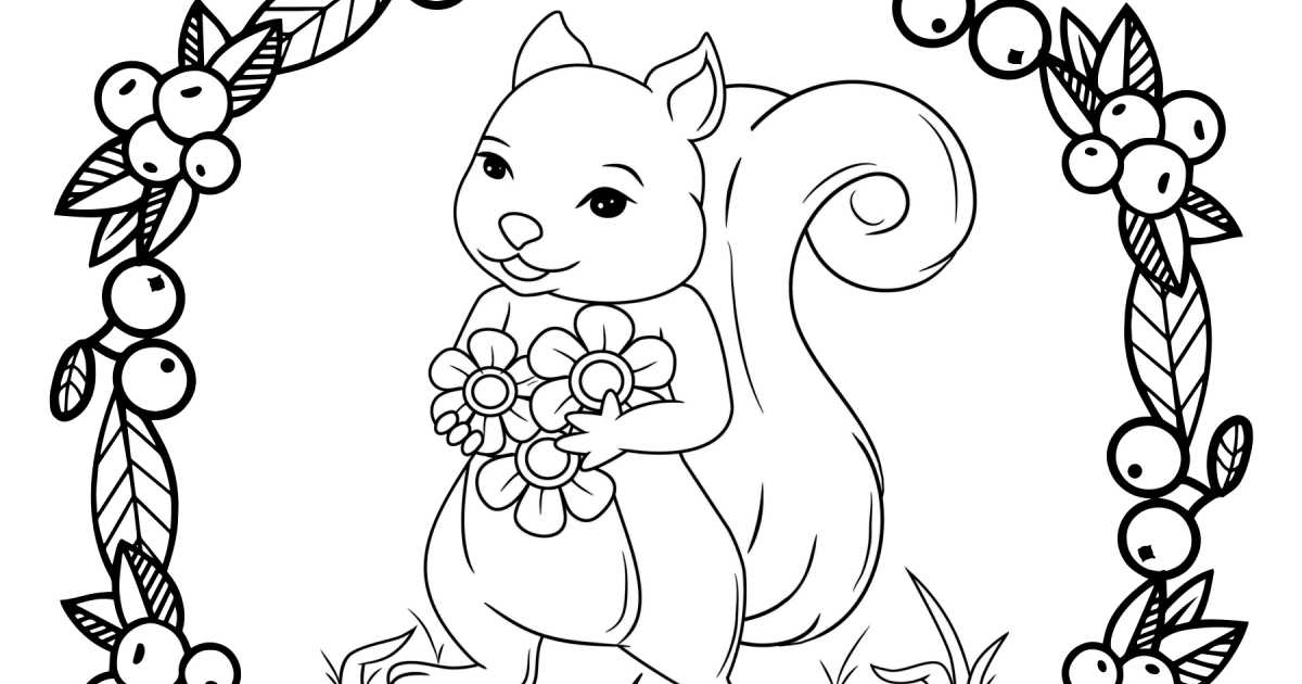 feature Squirrel Holding Flowers Coloring Page