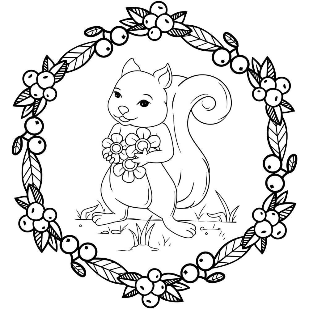 printable squirrel holding flowers coloring page