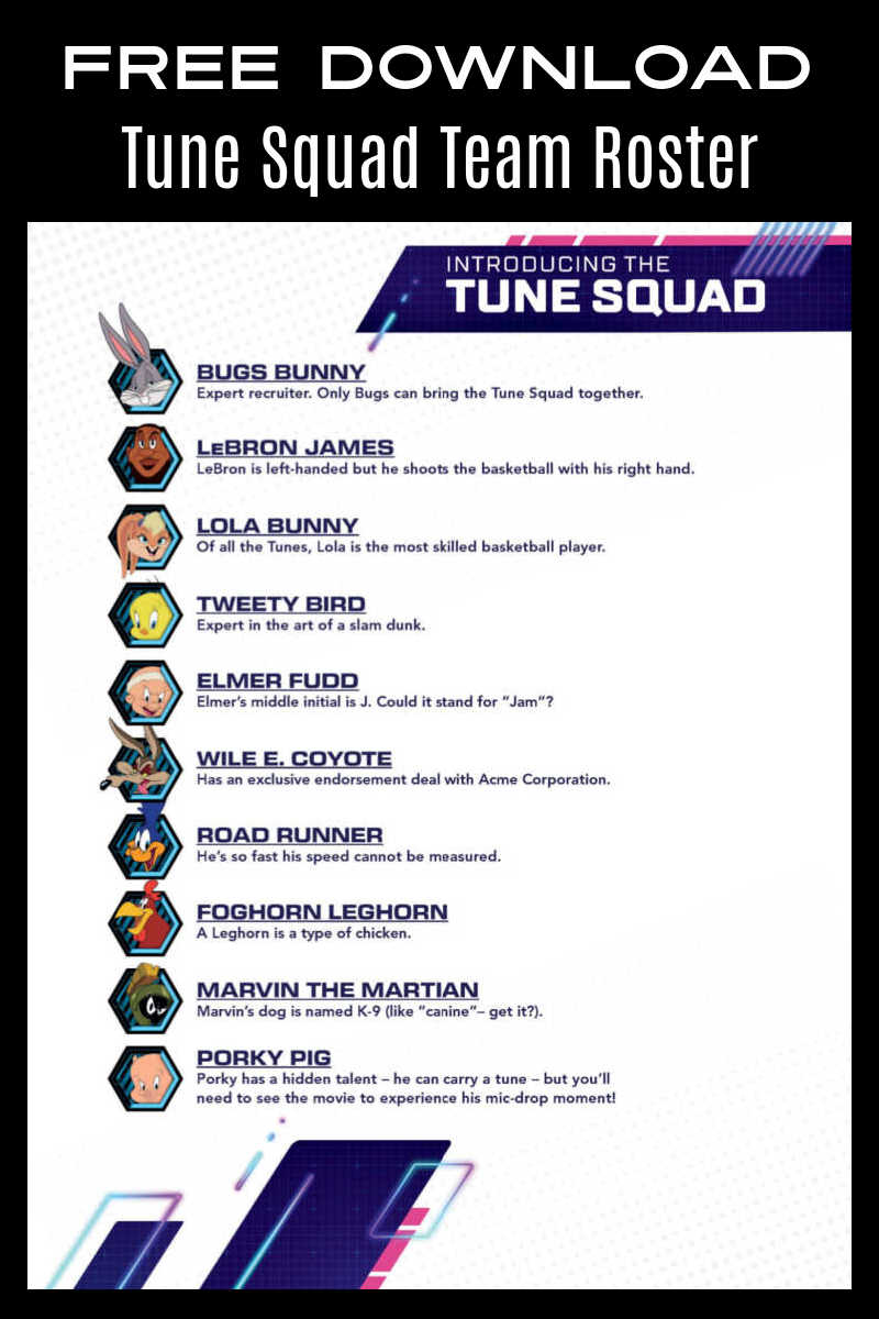 Every basketball team needs a a list of the players, so fans will want to download this free printable Space Jam Tune Squad roster. #ad