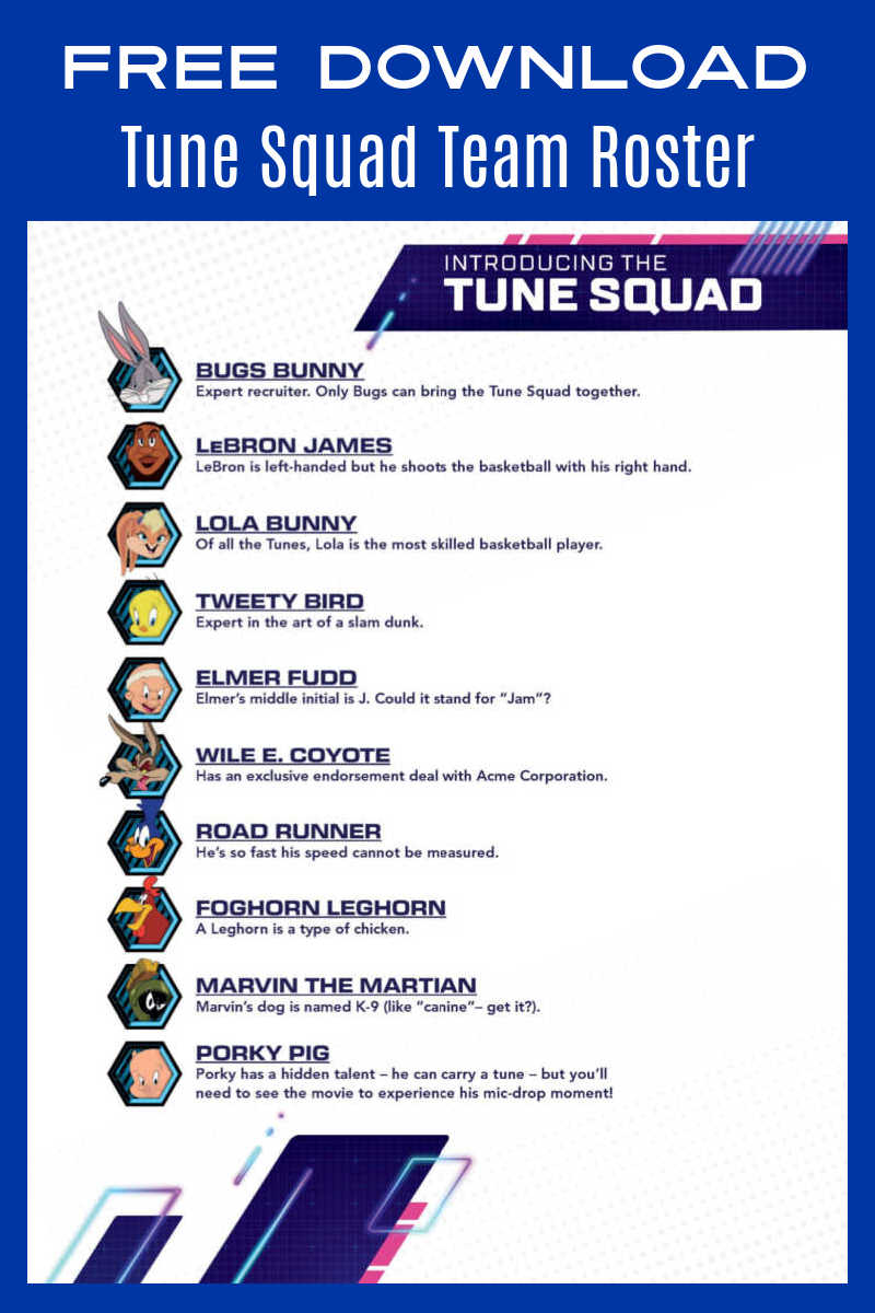 Every basketball team needs a a list of the players, so fans will want to download this free printable Space Jam Tune Squad roster. #ad