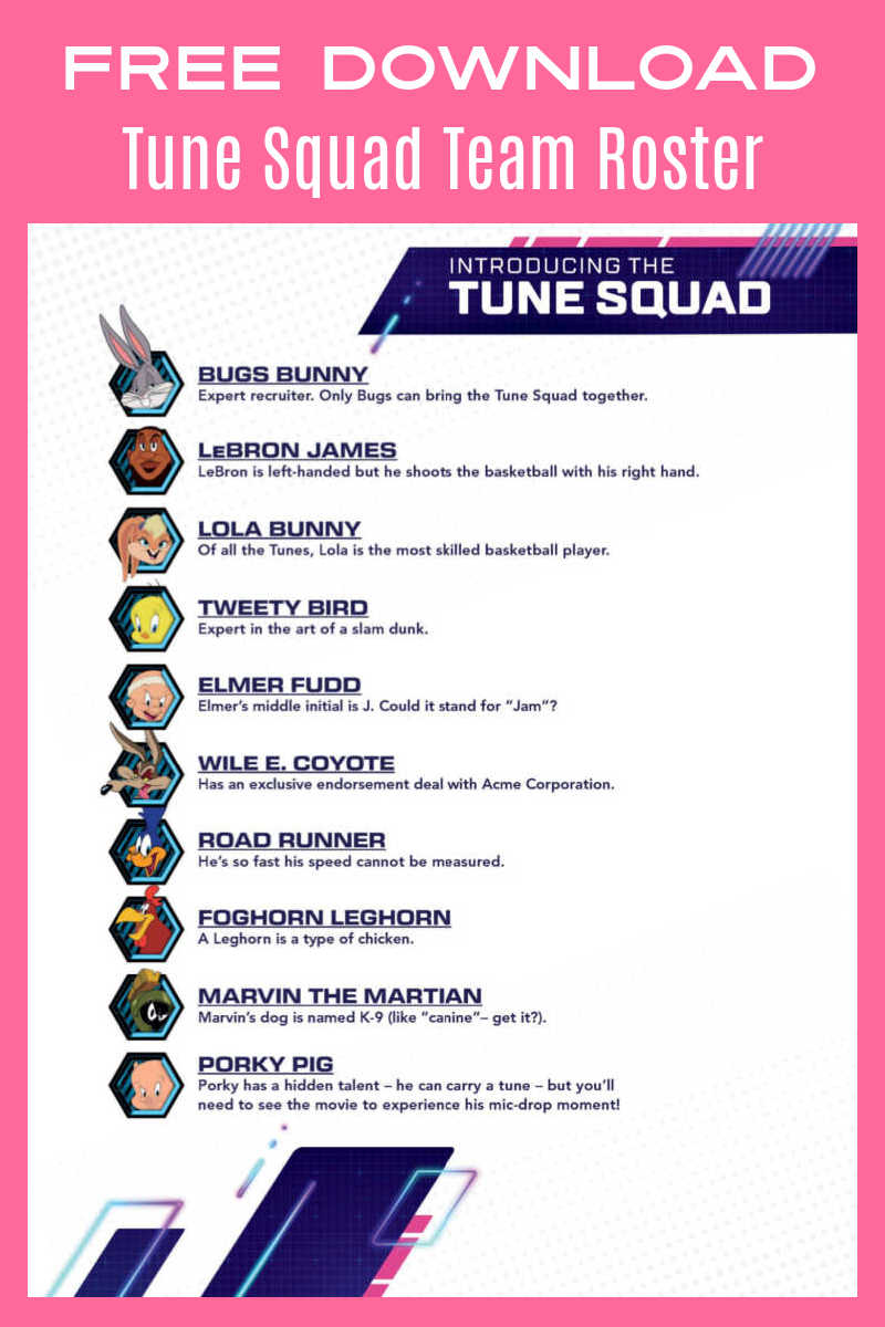Every basketball team needs a a list of the players, so fans will want to download this free printable Space Jam Tune Squad roster. #ad