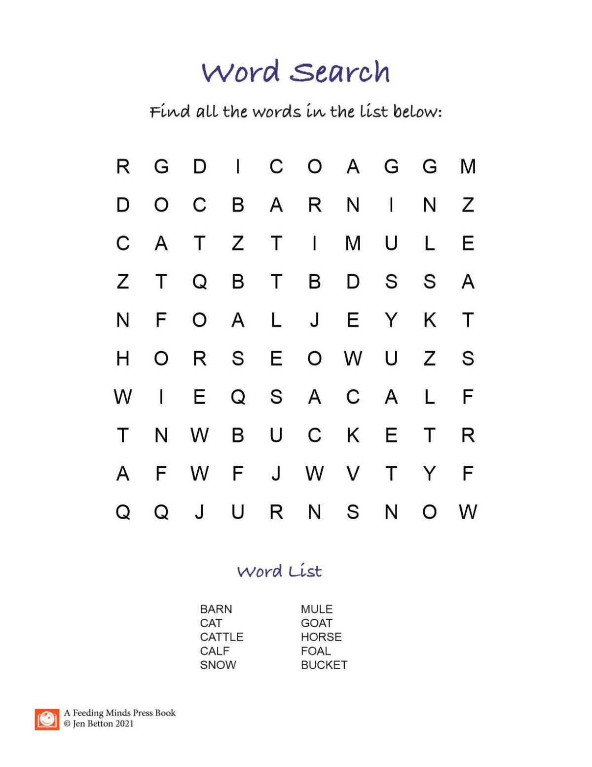 farm animal word search