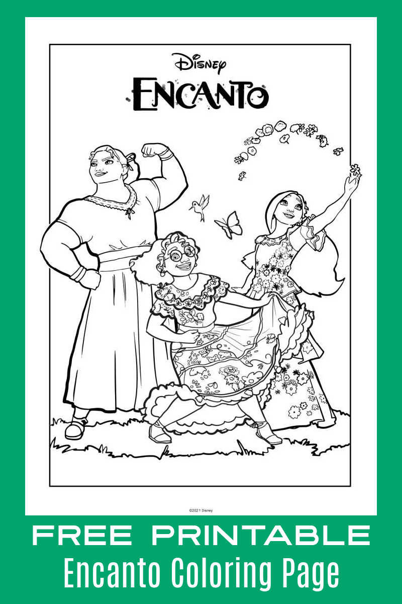 Kids can color this fun picture of Mirabel, Isabela and Luisa, when you download the free printable Encanto Madrigal sisters coloring page.
