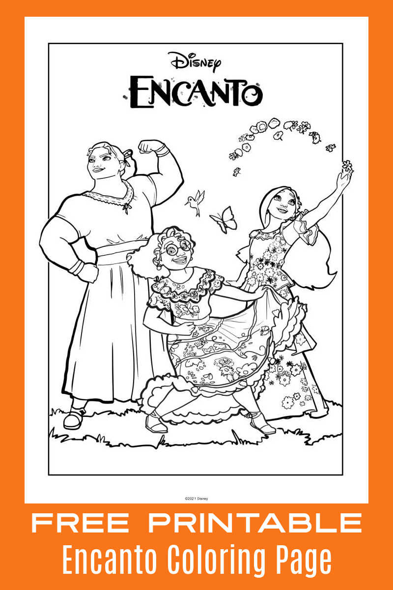 Kids can color this fun picture of Mirabel, Isabela and Luisa, when you download the free printable Encanto Madrigal sisters coloring page.