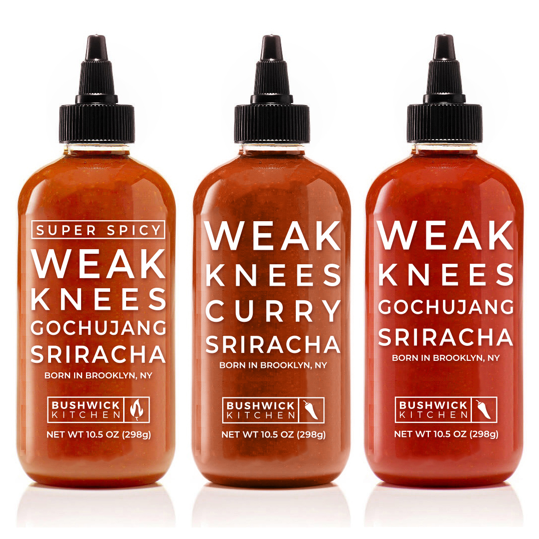 bottles of weak knees sriracha