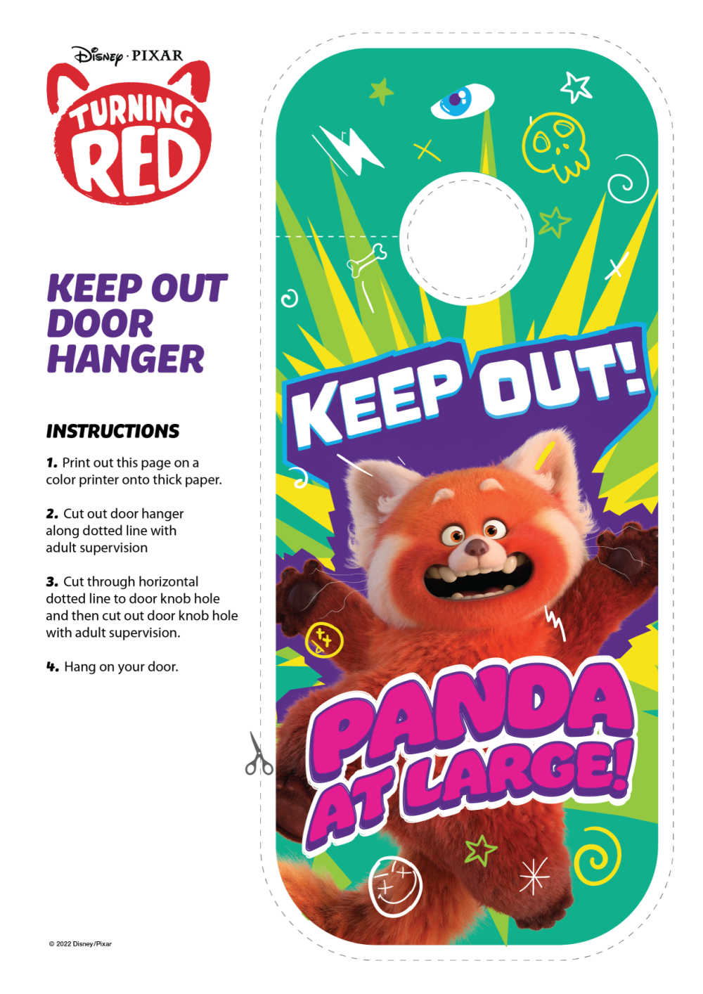 Your kids can have Disney Pixar fun at home, when you download and print the free Turning Red door hanger craft. 