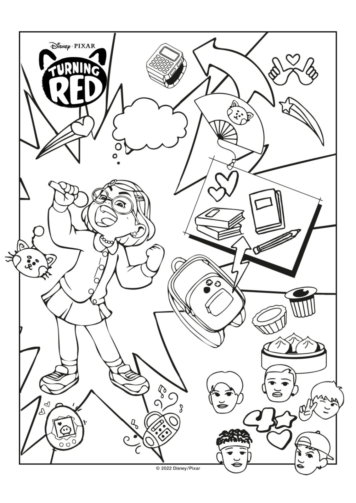 This fun Turning Red coloring page collage has a lot of detailed images from the new Disney Pixar movie for your child to color.