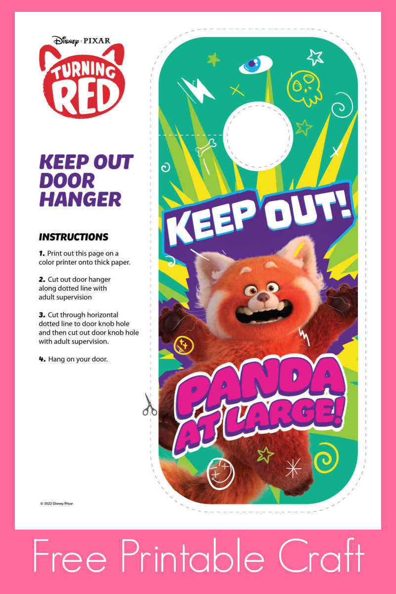 Your kids can have Disney Pixar fun at home, when you download and print the free Turning Red door hanger craft. 
