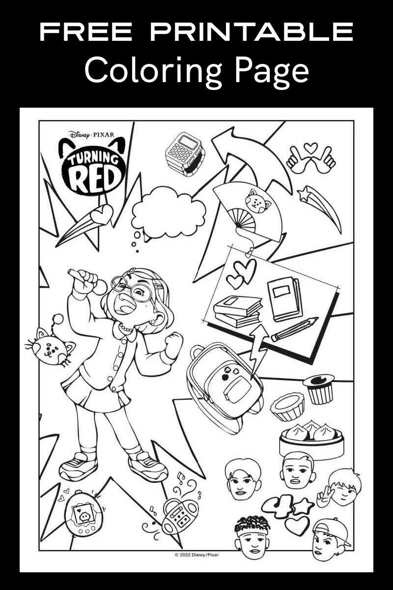 This fun Turning Red coloring page collage has a lot of detailed images from the new Disney Pixar movie for your child to color.