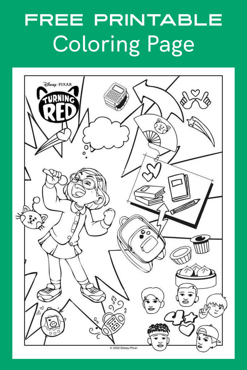 This fun Turning Red coloring page collage has a lot of detailed images from the new Disney Pixar movie for your child to color.