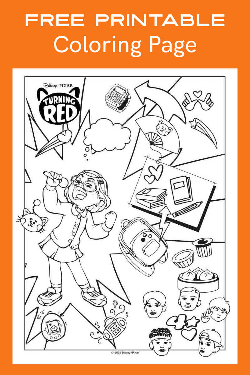 This fun Turning Red coloring page collage has a lot of detailed images from the new Disney Pixar movie for your child to color.