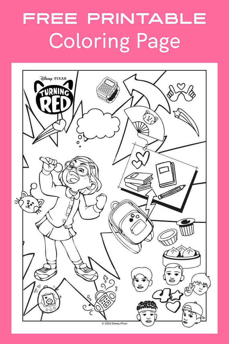 This fun Turning Red coloring page collage has a lot of detailed images from the new Disney Pixar movie for your child to color.