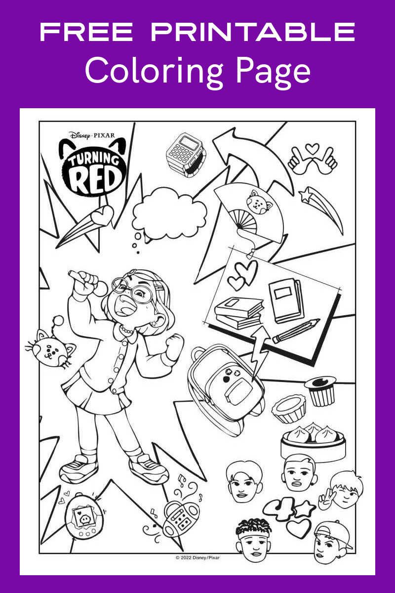 This fun Turning Red coloring page collage has a lot of detailed images from the new Disney Pixar movie for your child to color.