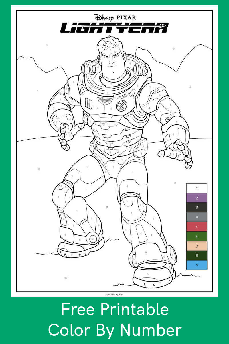 Your child can follow the instructions on the Buzz Lightyear color by number activity page to create Disney Pixar movie art.