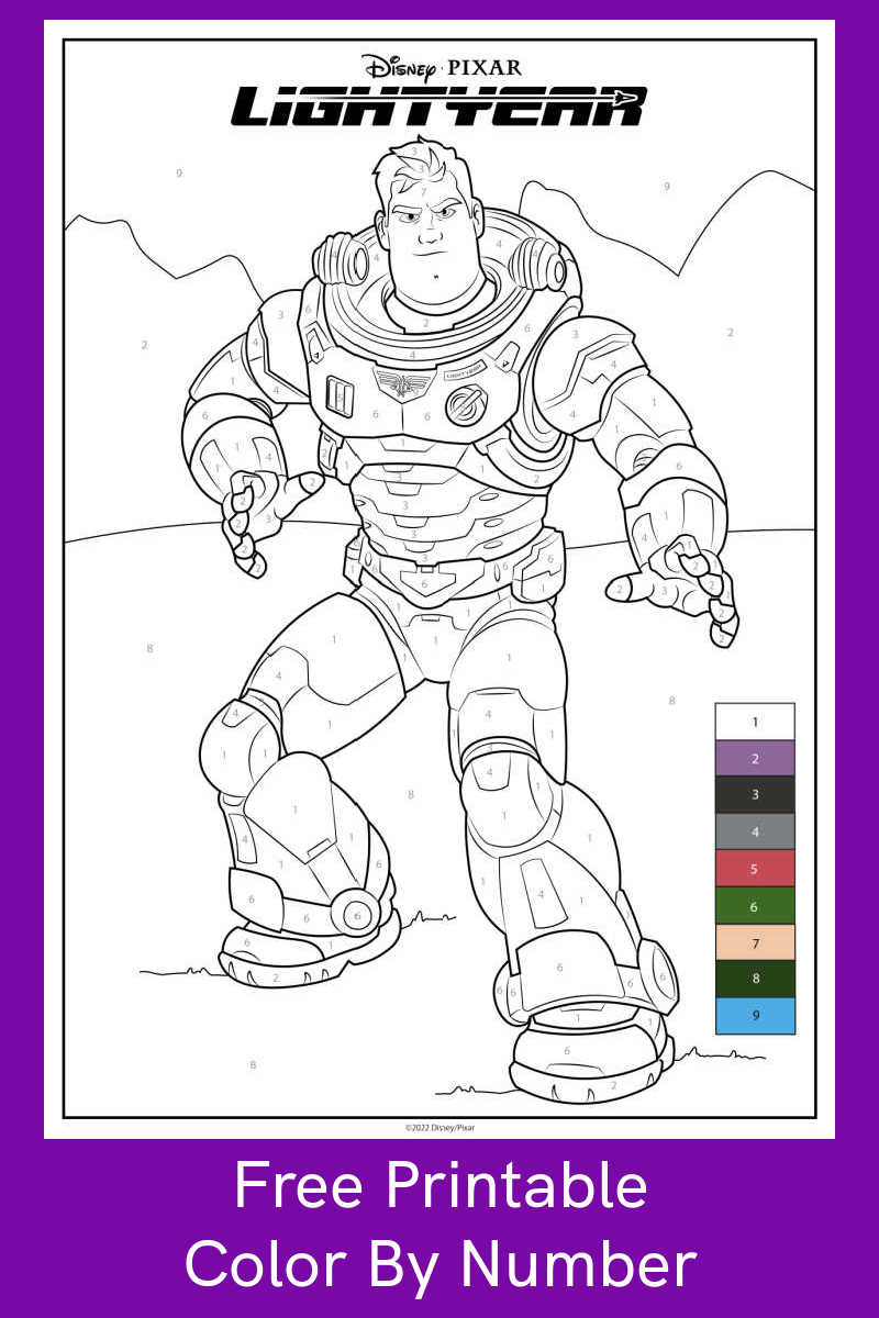 Your child can follow the instructions on the Buzz Lightyear color by number activity page to create Disney Pixar movie art.