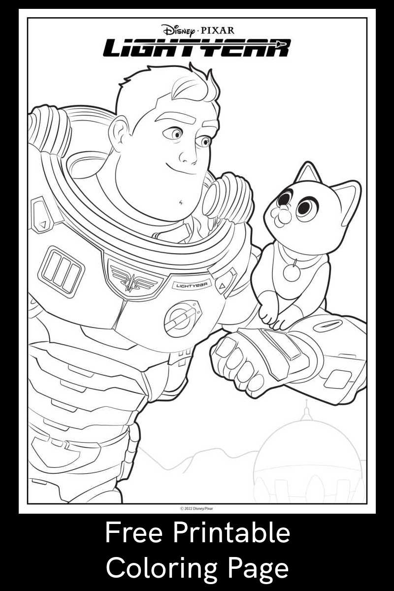 Download the free Lightyear coloring page, so your child can color the picture of Buzz and Sox from the new Disney Pixar movie. 