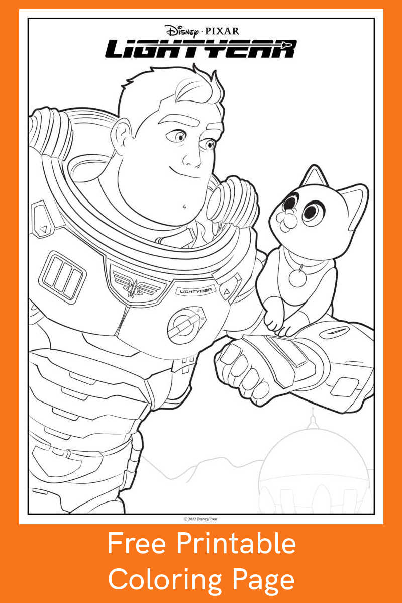 Download the free Lightyear coloring page, so your child can color the picture of Buzz and Sox from the new Disney Pixar movie. 