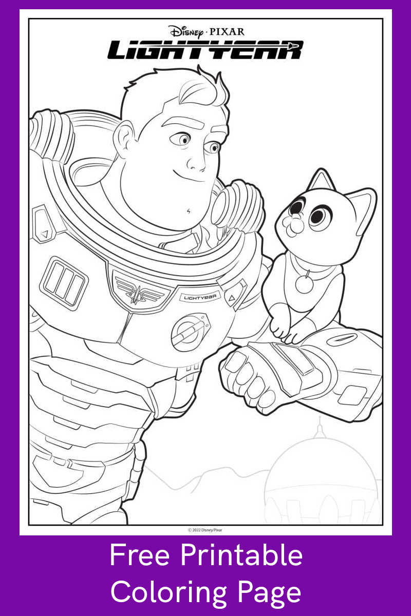 Download the free Lightyear coloring page, so your child can color the picture of Buzz and Sox from the new Disney Pixar movie. 