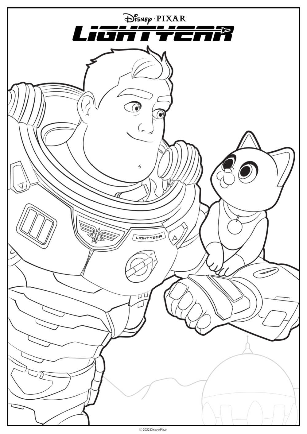 Download the free Lightyear coloring page, so your child can color the picture of Buzz and Sox from the new Disney Pixar movie. 