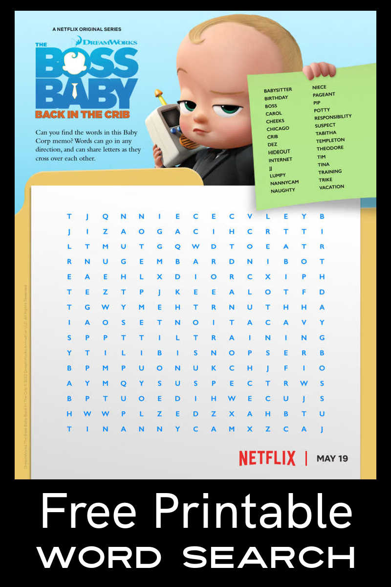 Kids of all ages can have enjoy the challenge of this Boss Baby word search, when you download the free printable pdf. 