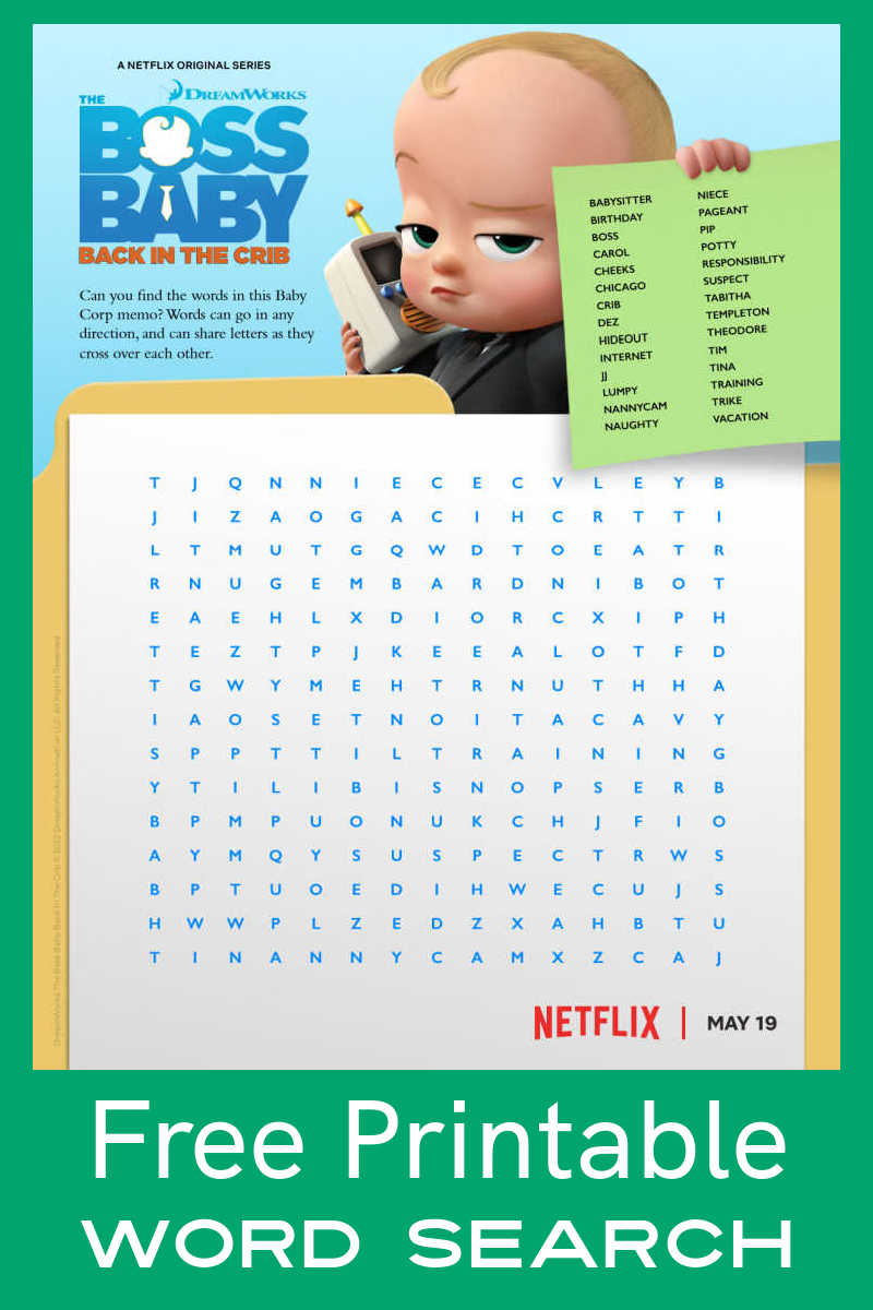 Kids of all ages can have enjoy the challenge of this Boss Baby word search, when you download the free printable pdf. 