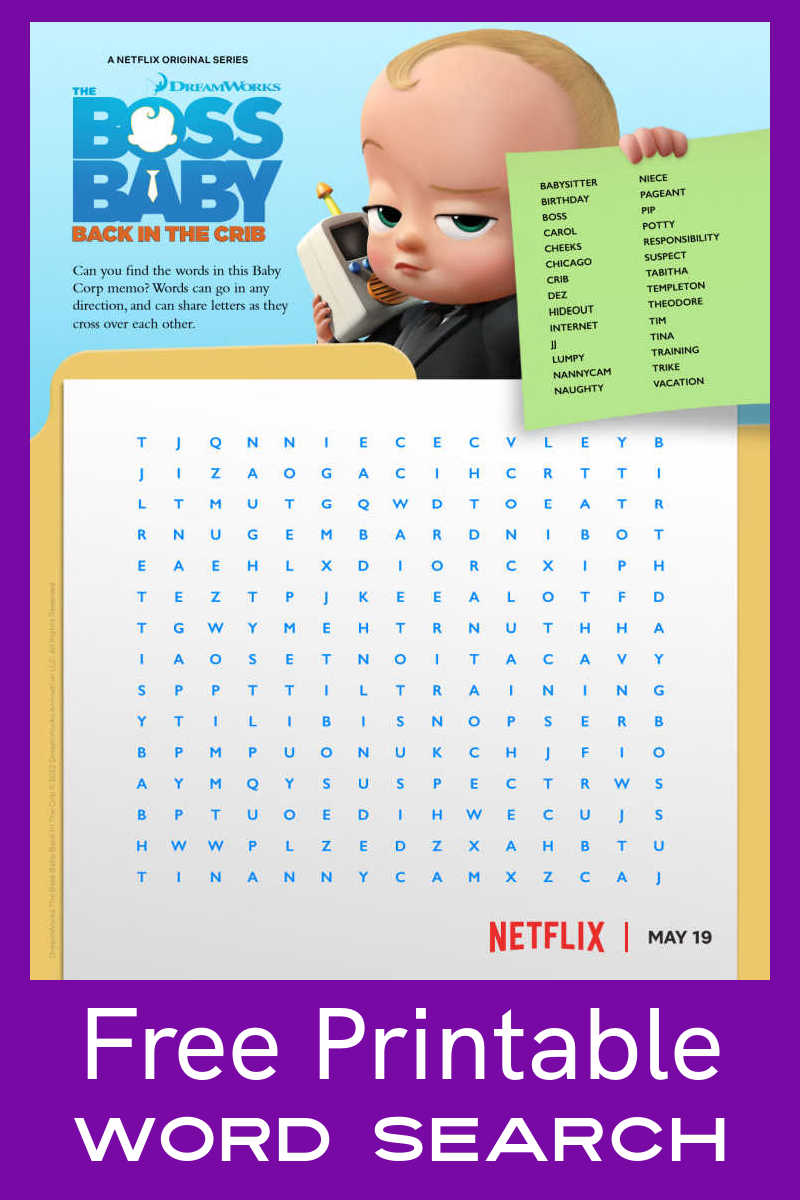 Kids of all ages can have enjoy the challenge of this Boss Baby word search, when you download the free printable pdf. 