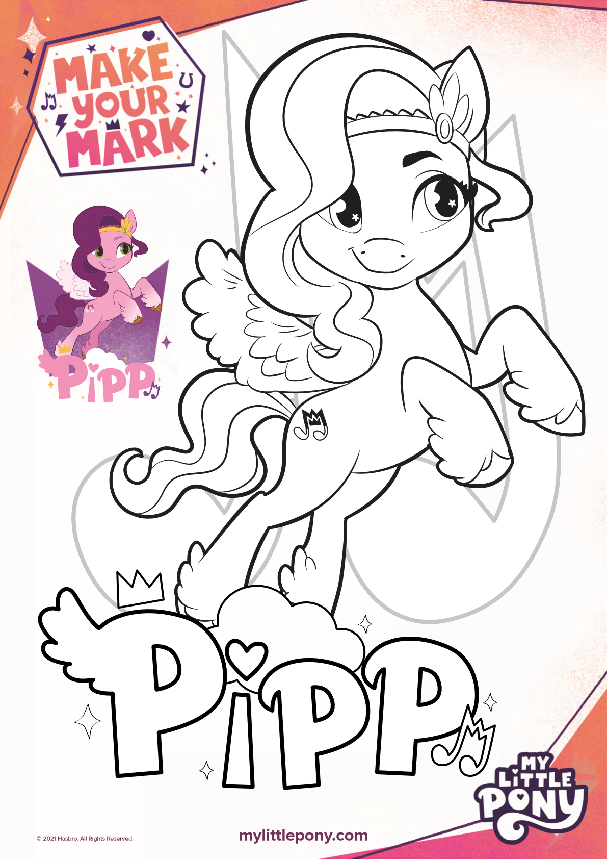 Enjoy a cute freebie from My Little Pony: Make Your Mark, when you download the free printable Pipp coloring page pdf. 