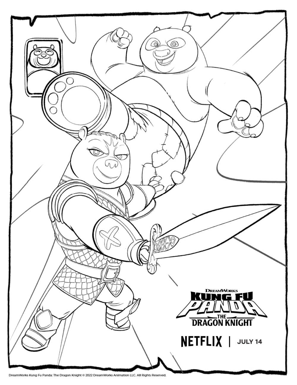 Po and Wandering Blade are ready for action, so kids will have fun with the free printable Kung Fu Panda Po coloring page.