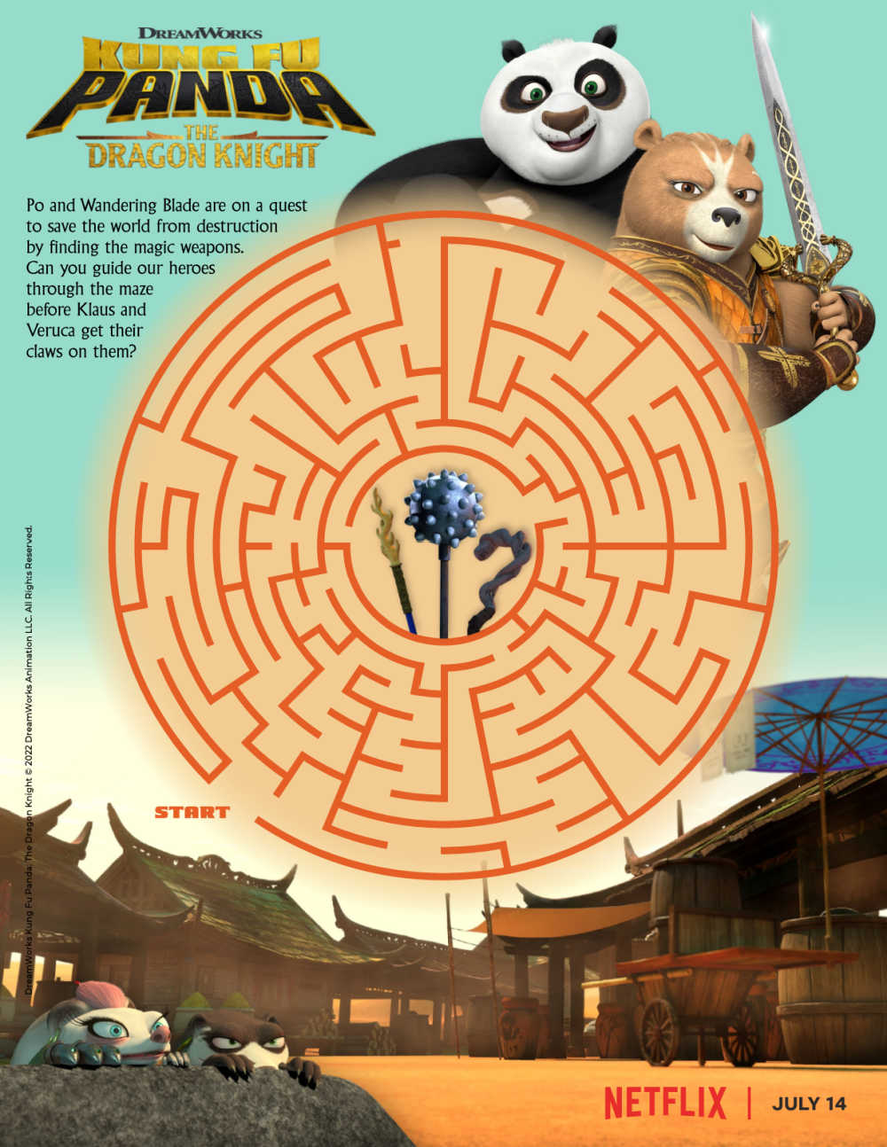 Download the free Netflix Kung Fu Panda maze, so your child can help Po and Wandering Blade find their martial arts supplies. 